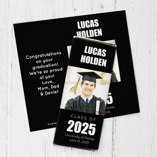 Black Graduation Personalized Chocolate Bar Wrappers Pinstripes Photo