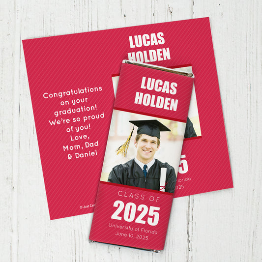 Red Graduation Personalized Chocolate Bar Wrappers Pinstripes Photo