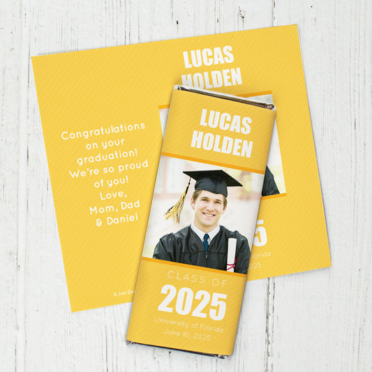 Yellow Graduation Personalized Chocolate Bar Wrappers Pinstripes Photo