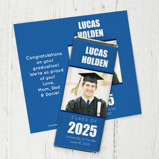 Blue Graduation Personalized Chocolate Bar Wrappers Pinstripes Photo