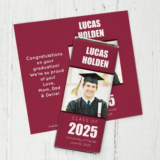 Maroon Graduation Personalized Chocolate Bar Wrappers Pinstripes Photo