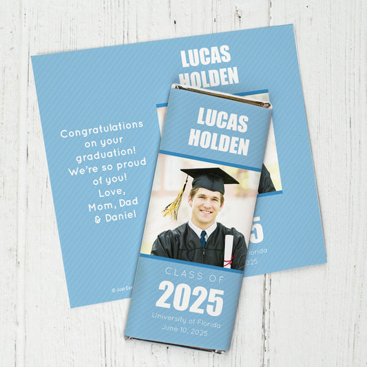 Light Blue Graduation Personalized Chocolate Bar Wrappers Pinstripes Photo