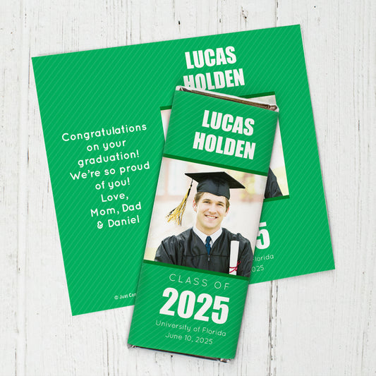 Green Graduation Personalized Chocolate Bar Wrappers Pinstripes Photo