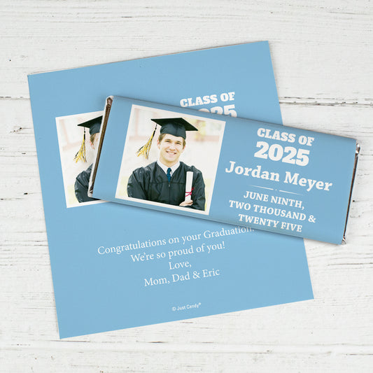 Light Blue Graduation Personalized Chocolate Bar Wrappers Simple Photo