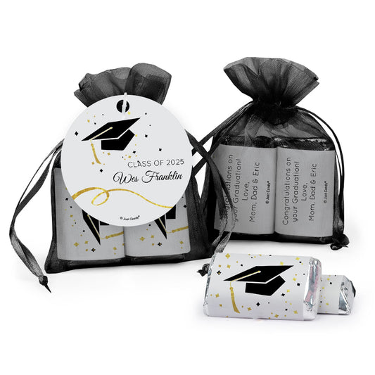 Personalized Graduation Black Cap & Confetti Hershey's Miniatures in XS Organza Bags with Gift Tag