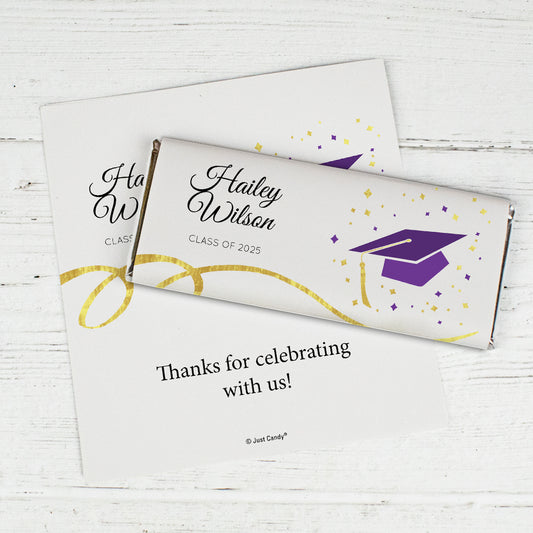 Purple Graduation Personalized Chocolate Bar Wrappers Cap & Confetti