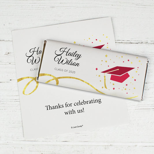 Red Graduation Personalized Chocolate Bar Wrappers Cap & Confetti