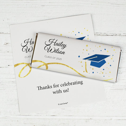 Blue Graduation Personalized Chocolate Bar Wrappers Cap & Confetti