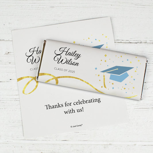 Light Blue Graduation Personalized Chocolate Bar Cap & Confetti