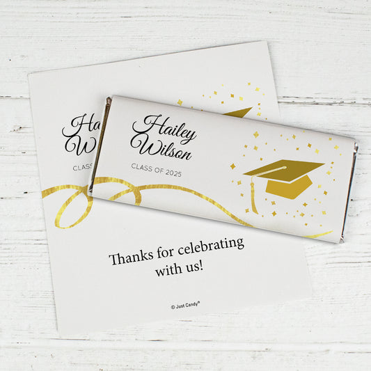 Gold Graduation Personalized Chocolate Bar Wrappers Cap & Confetti