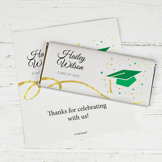 Green Graduation Personalized Chocolate Bar Wrappers Cap & Confetti