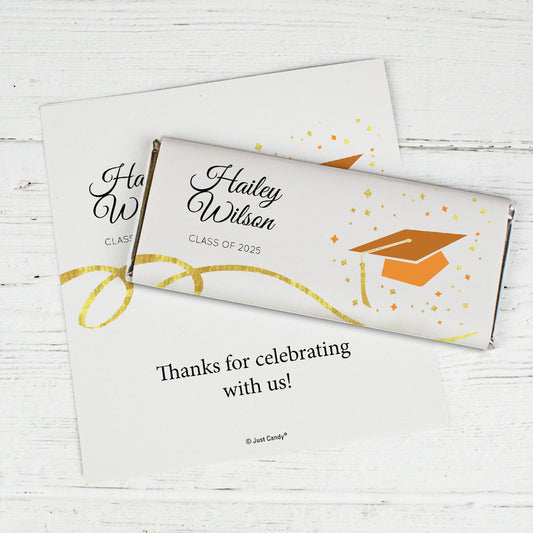 Orange Graduation Personalized Chocolate Bar Wrappers Cap & Confetti