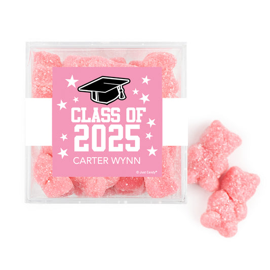 Personalized Pink Graduation JUST CANDY® favor cube with Gummy Bears