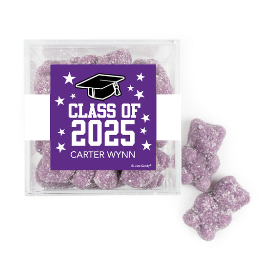 Personalized Purple Graduation JUST CANDY® favor cube with Gummy Bears