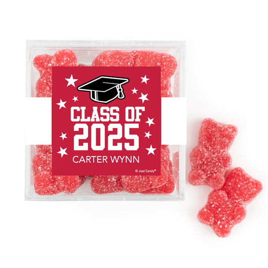 Personalized Red Graduation JUST CANDY® favor cube with Gummy Bears