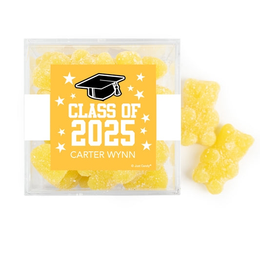 Personalized Yellow Graduation JUST CANDY® favor cube with Gummy Bears