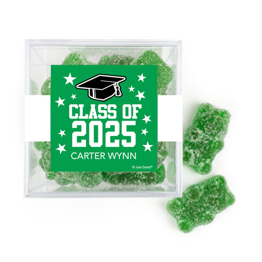 Personalized Green Graduation JUST CANDY® favor cube with Gummy Bears