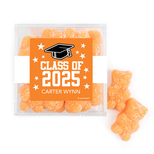 Personalized Orange Graduation JUST CANDY® favor cube with Gummy Bears