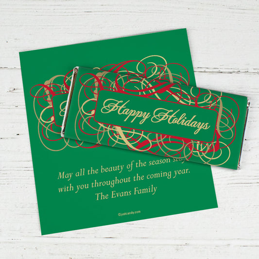 Happy Holidays Personalized Chocolate Bar Wrappers Holiday Ribbons