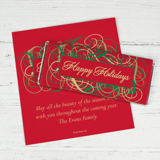 Happy Holidays Personalized Chocolate Bar Wrappers Holiday Ribbons