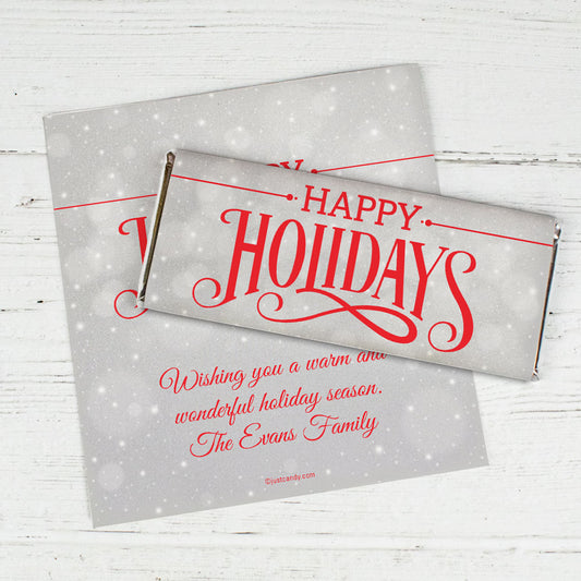 Happy Holidays Personalized Chocolate Bar Wrappers Happy Holidays Snowy Scroll