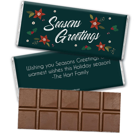 Personalized Christmas Pointsettia Seasons Greetings Belgian Chocolate Bar & Wrapper