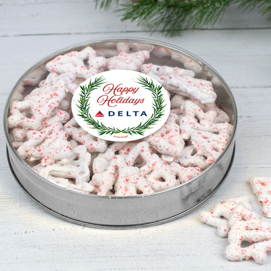 Personalized Winter Greenery Large Plastic Tin with Peppermint Yogurt Tree Pretzels (40pcs)