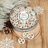 Personalized Happy Holidays Winter Greenery Add Your Logo Large Plastic Tin Holiday Yogurt Pretzels (approx 40pcs)