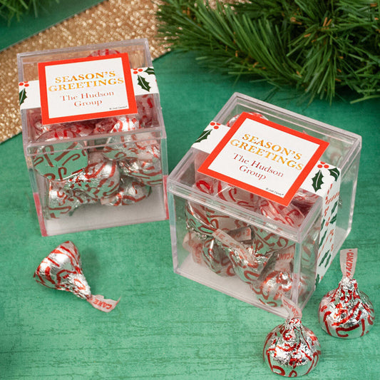 Personalized Christmas Candy Cane Poinsettia JUST CANDY� favor cube with Hershey's Kisses