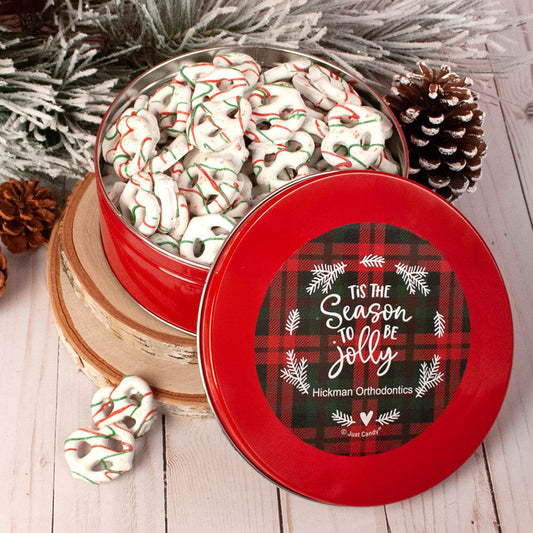 Personalized Christmas Plaid Holidays Tin with Holiday Yogurt Pretzels (1lb approx 80 pcs)