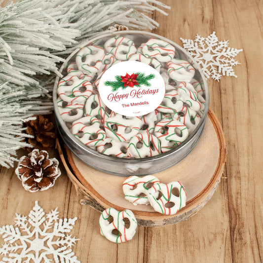 Personalized Happy Holidays Poinsettia Large Plastic Tin Holiday Yogurt Pretzels (approx 40pcs)