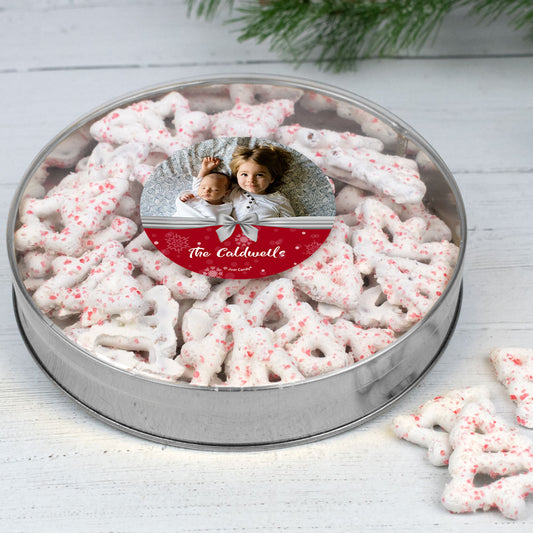 Personalized Welcoming Joy Large Plastic Tin with Peppermint Yogurt Tree Pretzels (40pcs)