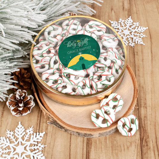 Personalized Christmas Holy Celebration Large Plastic Tin Holiday Yogurt Pretzels (approx 40pcs)