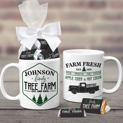 Personalized Christmas Tree Farm 11oz Coffee Mug with approx. 24 Wrapped Hershey's Miniatures