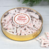 Personalized Happy Holiday Swirls Large Plastic Tin with Peppermint Yogurt Tree Pretzels (40pcs)