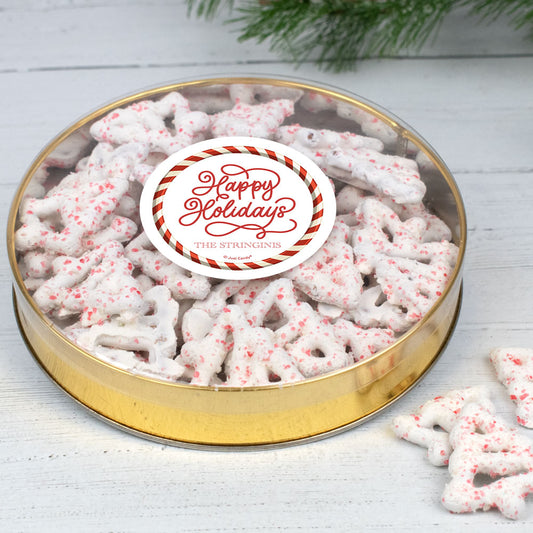 Personalized Happy Holiday Swirls Large Plastic Tin with Peppermint Yogurt Tree Pretzels (40pcs)