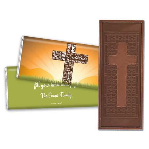 Easter Personalized Embossed Cross Chocolate Bar He Has Risen Cross at Sunrise