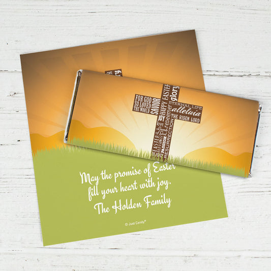 Easter Personalized Chocolate Bar Wrappers He Has Risen Cross at Sunrise