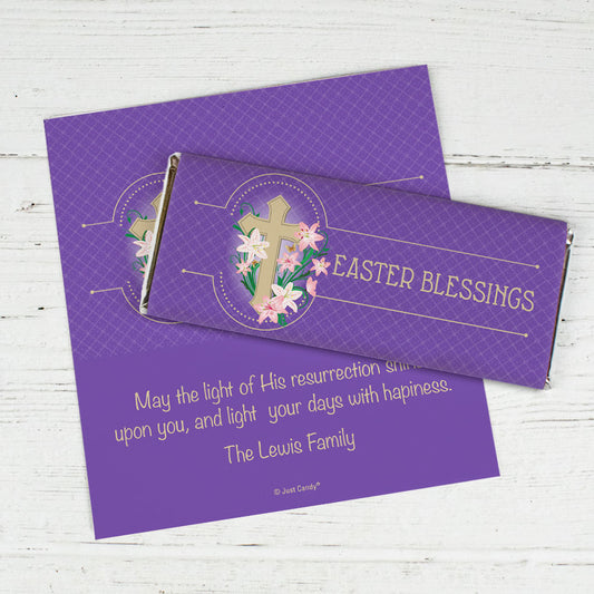 Easter Personalized Chocolate Bar Wrappers Oval Cross with Lilies