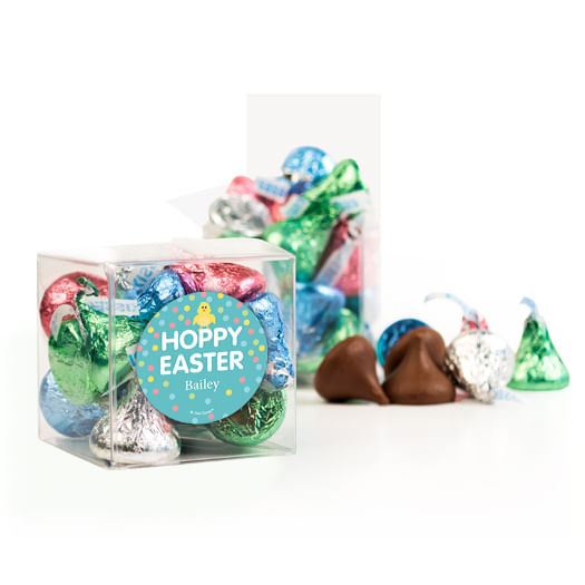 Personalized Easter Blue Chick Clear Gift Box with Sticker - Approx. 16 Spring Mix Hershey's Kisses