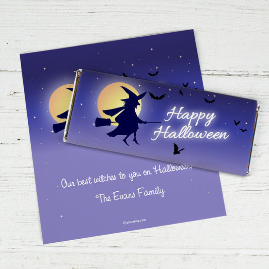 Halloween Personalized Chocolate Bar Wrappers Witch on Broom