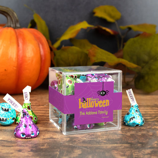 Personalized Halloween Spirit JUST CANDY� favor cube with Hershey's Kisses