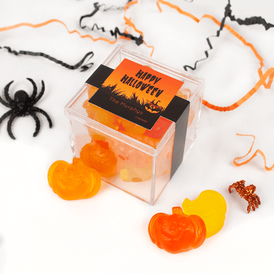 Personalized Halloween Jack O'Lanterns JUST CANDY� favor cube with Gummy Pumpkins