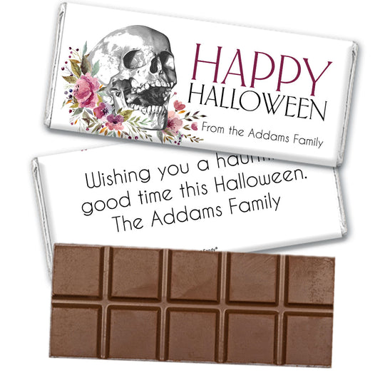 Personalized Halloween Floral Skull Belgian Chocolate Bar & Wrapper