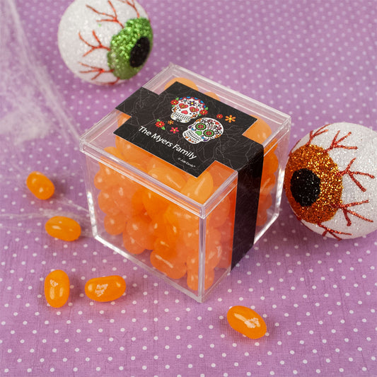 Personalized Halloween Festive Sugar Skulls JUST CANDY� favor cube with Jelly Belly Jelly Beans