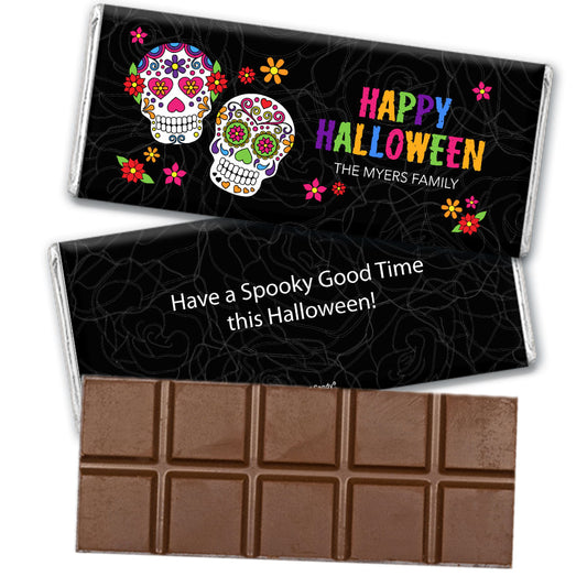 Personalized Halloween Festive Sugar Skull Belgian Chocolate Bar & Wrapper