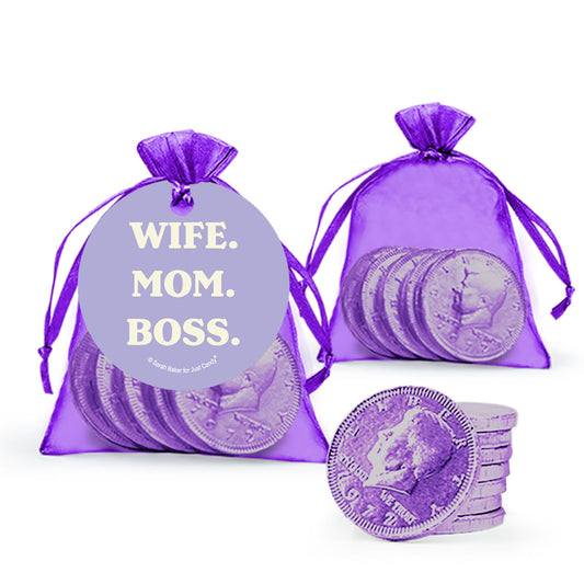 Mother's Day Wife Mom Boss Milk Chocolate Coins in Organza Bags with Gift Tag