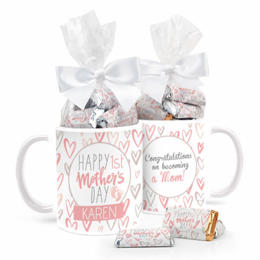 Personalized First Mother's Day 11oz Mug with approx. 24 Wrapped Hershey's Miniatures