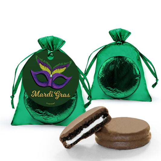 Mardi Gras Masquerade Chocolate Covered Oreo Cookies in Organza Bags with Gift tag