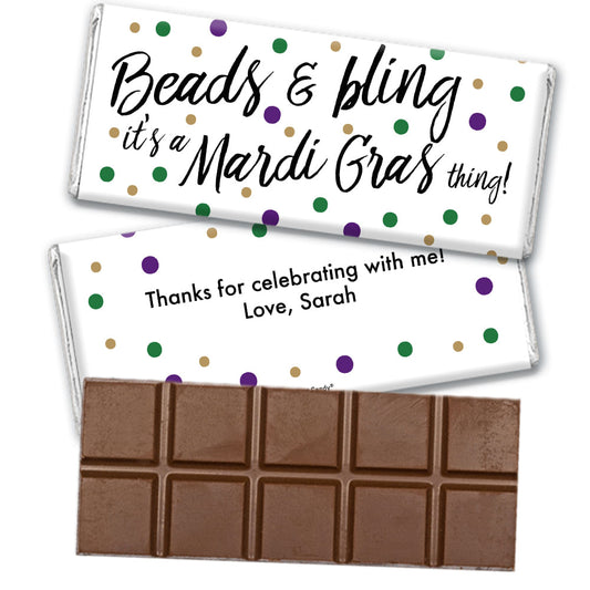 Personalized Mardi Gras Beads & Bling Belgian Chocolate Bar & Wrapper